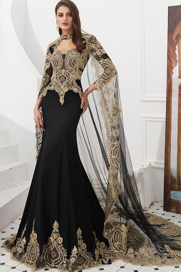 Showprettydess Amazing Long Sleeves Mermaid Prom Dress with Gold Appliqu¨¦s & Cape-showprettydress
