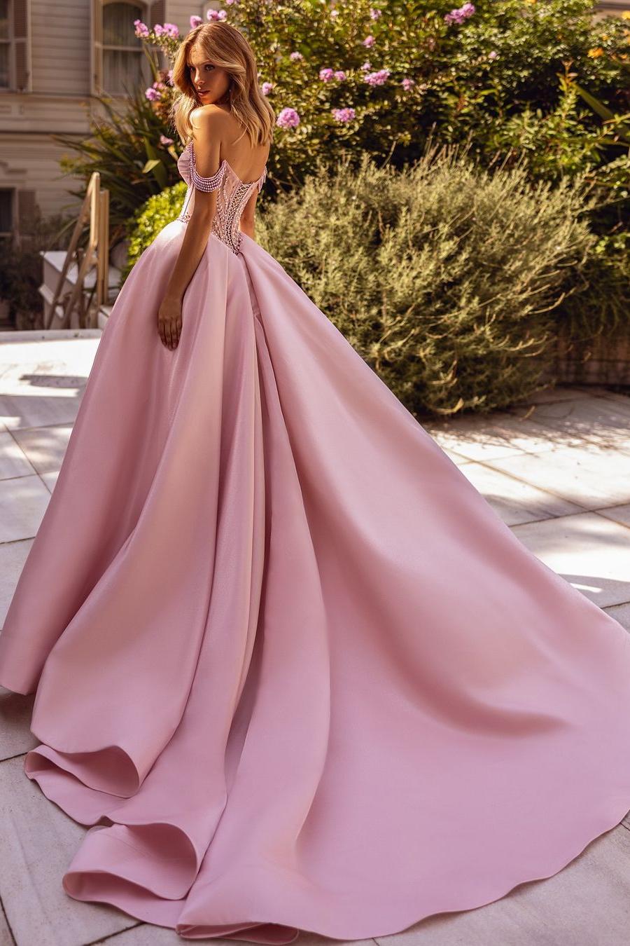 Showprettydess Amazing Pink Satin Off-the-Shoulder Strapless Long Split Prom Dress with Beadings-showprettydress