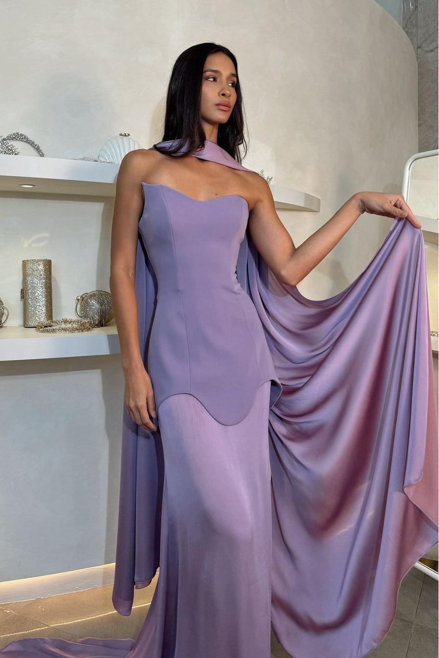 Showprettydess Amazing Purple Satin Strapless Sleeveless Slim Long Prom Dress with Scarf-showprettydress