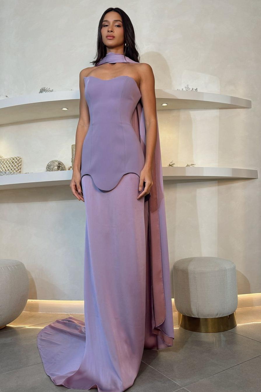 Showprettydess Amazing Purple Satin Strapless Sleeveless Slim Long Prom Dress with Scarf-showprettydress