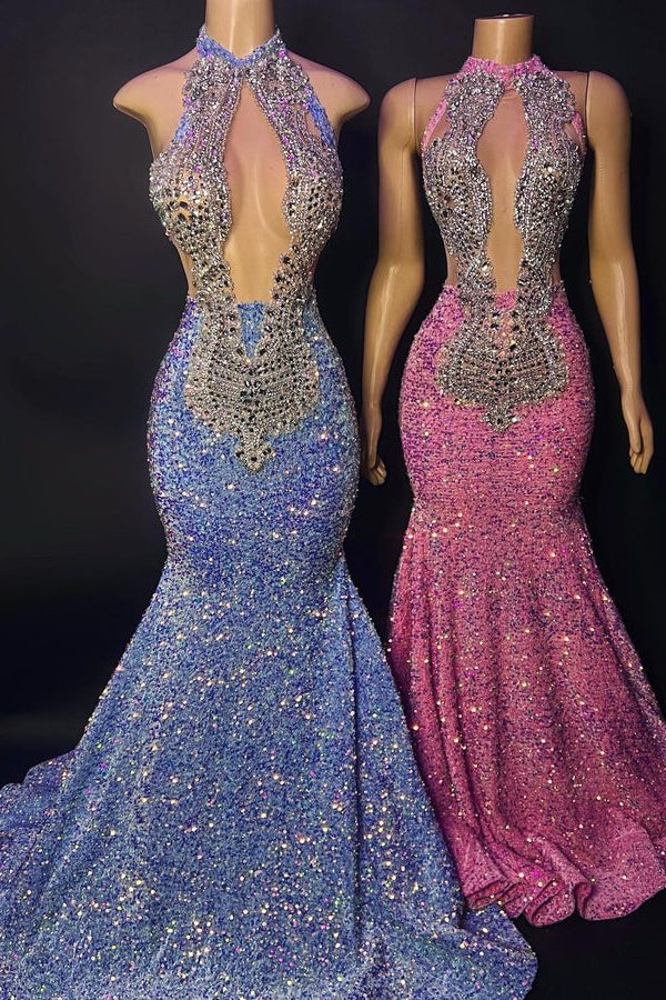 Showprettydess Beaded Sequined High Neck Mermaid Prom Dress with Appliques-showprettydress