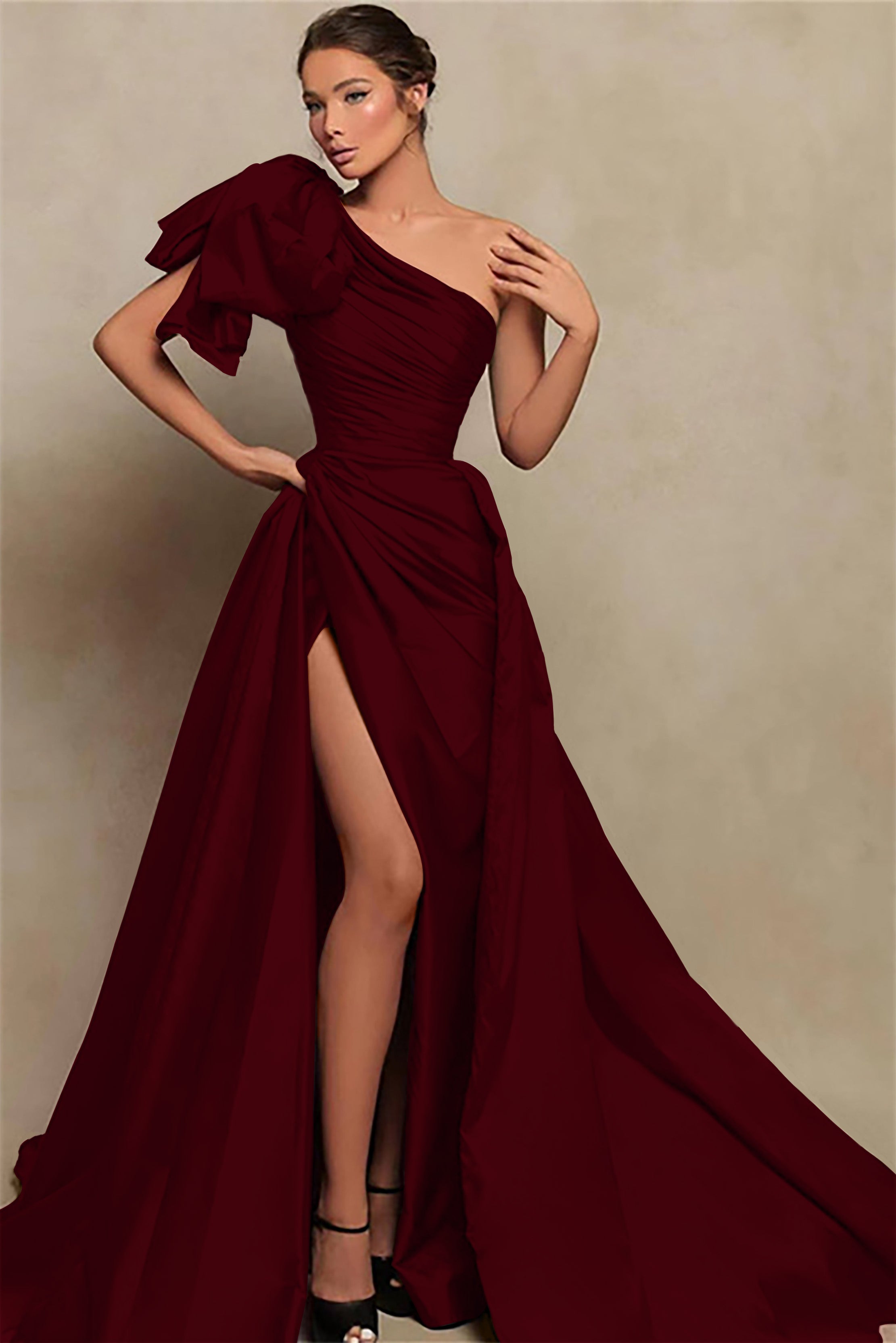 Showprettydess Beautiful Burgundy One-Shoulder Mermaid Prom Dress with Slit-showprettydress