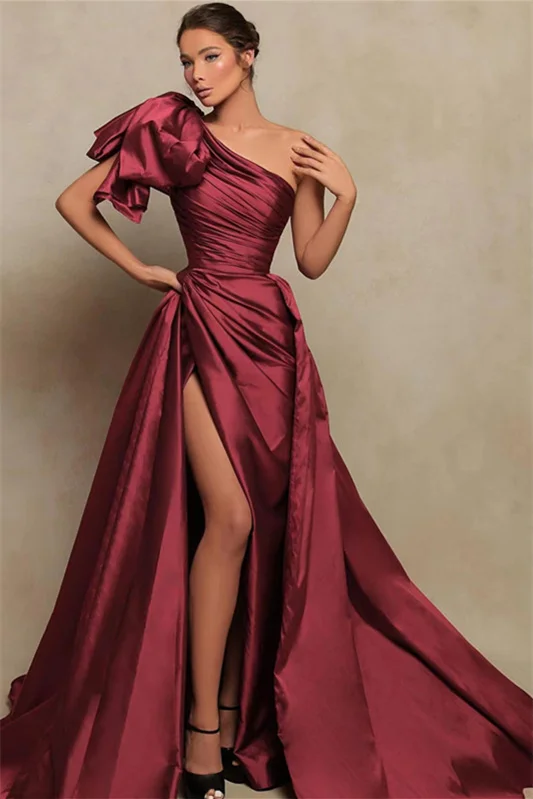 Showprettydess Beautiful Burgundy One-Shoulder Mermaid Prom Dress with Slit-showprettydress