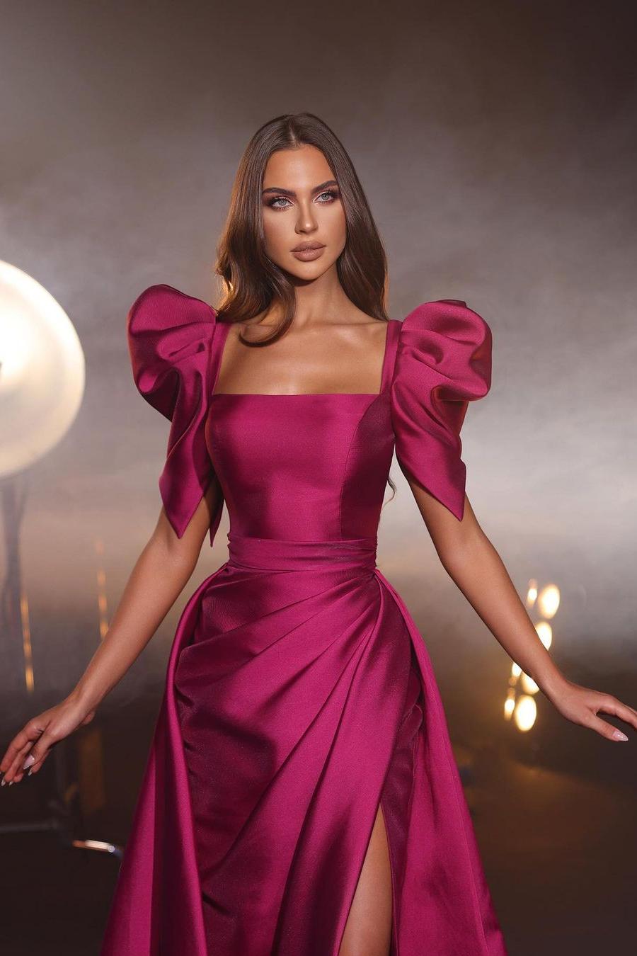 Showprettydess Beautiful Fuchsia Satin Puff Short Sleeves Square Neck Prom Dress with Split-showprettydress