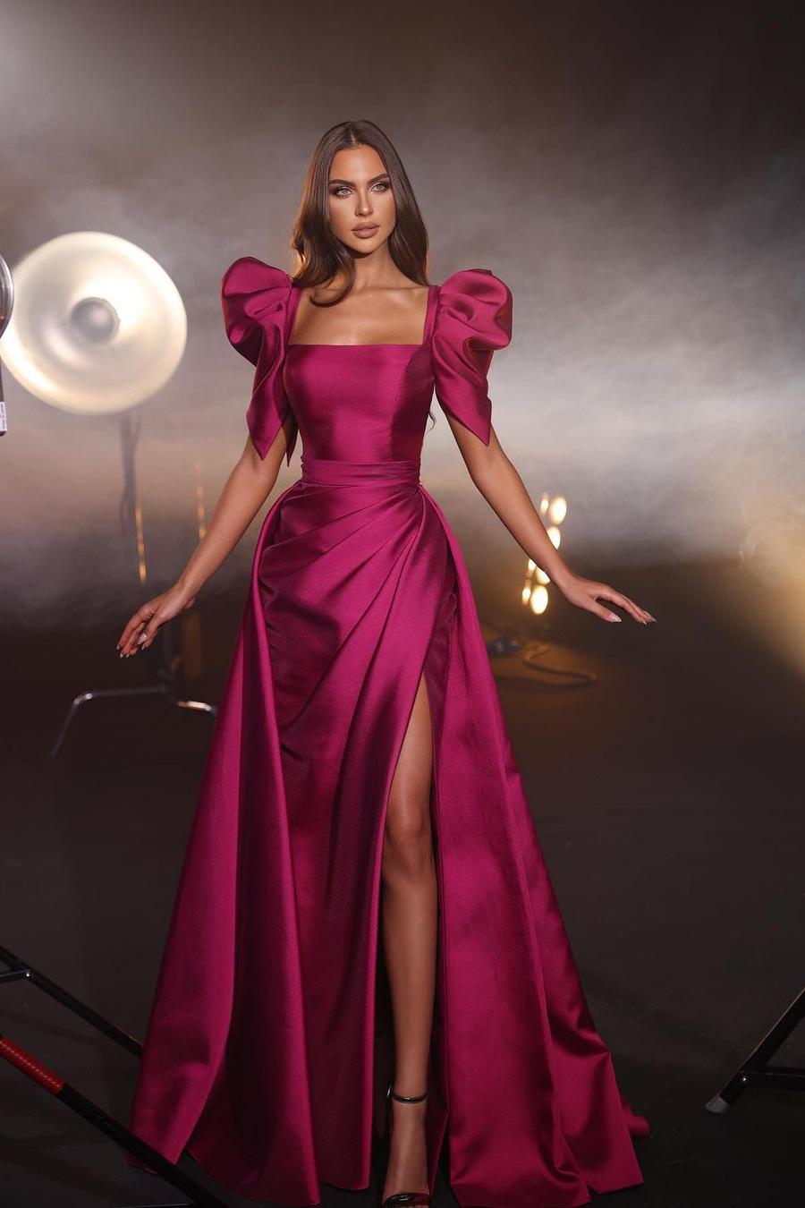 Showprettydess Beautiful Fuchsia Satin Puff Short Sleeves Square Neck Prom Dress with Split-showprettydress