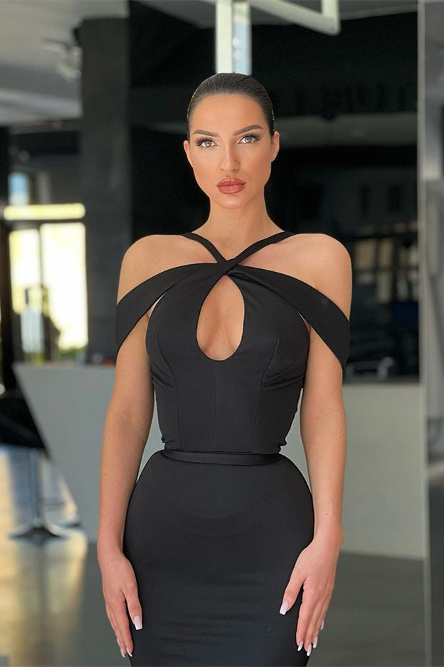 Showprettydess Black Halter Mermaid Evening Dress with Off-the-Shoulder Design-showprettydress