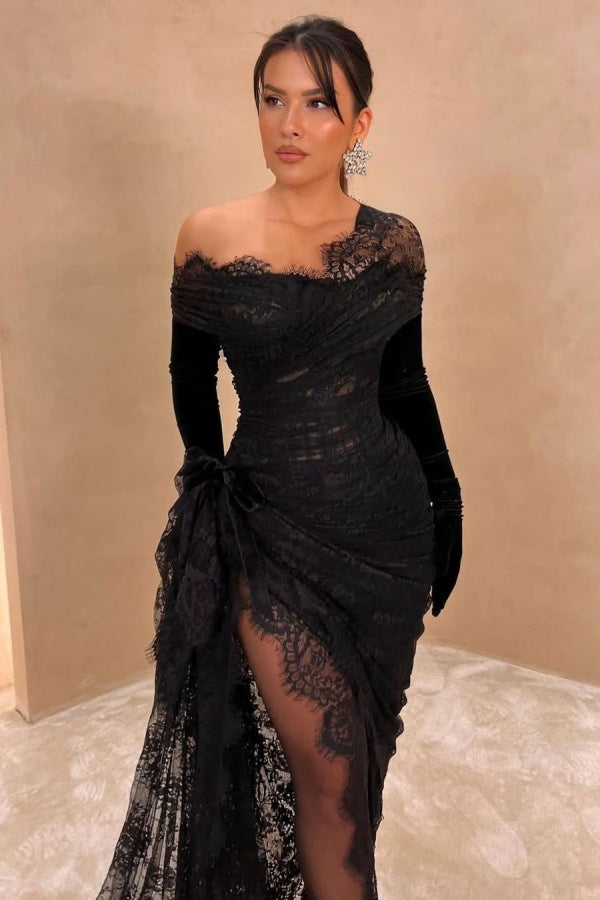 Showprettydess Black Long Tulle Prom Dress with Long Sleeves & Lace Appliques-showprettydress