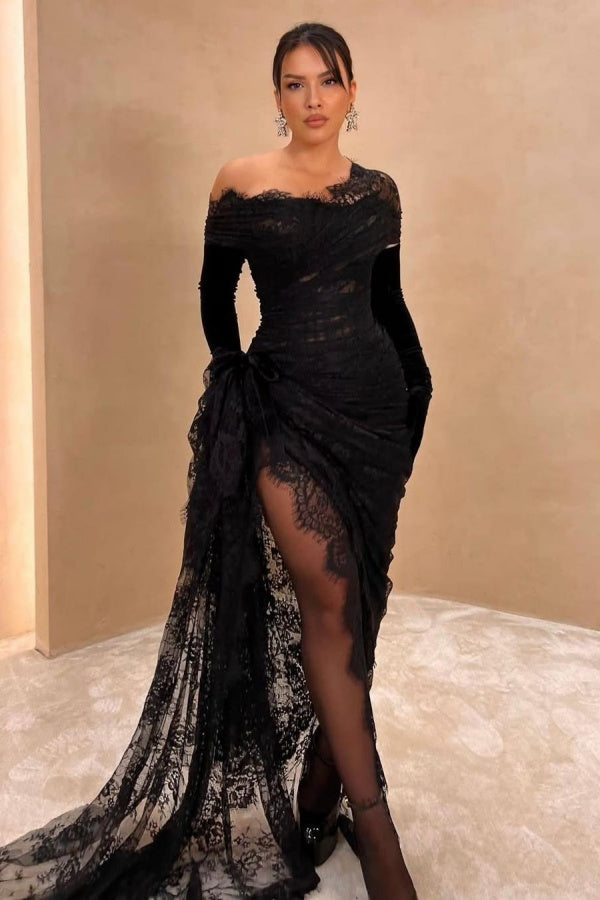 Showprettydess Black Long Tulle Prom Dress with Long Sleeves & Lace Appliques-showprettydress