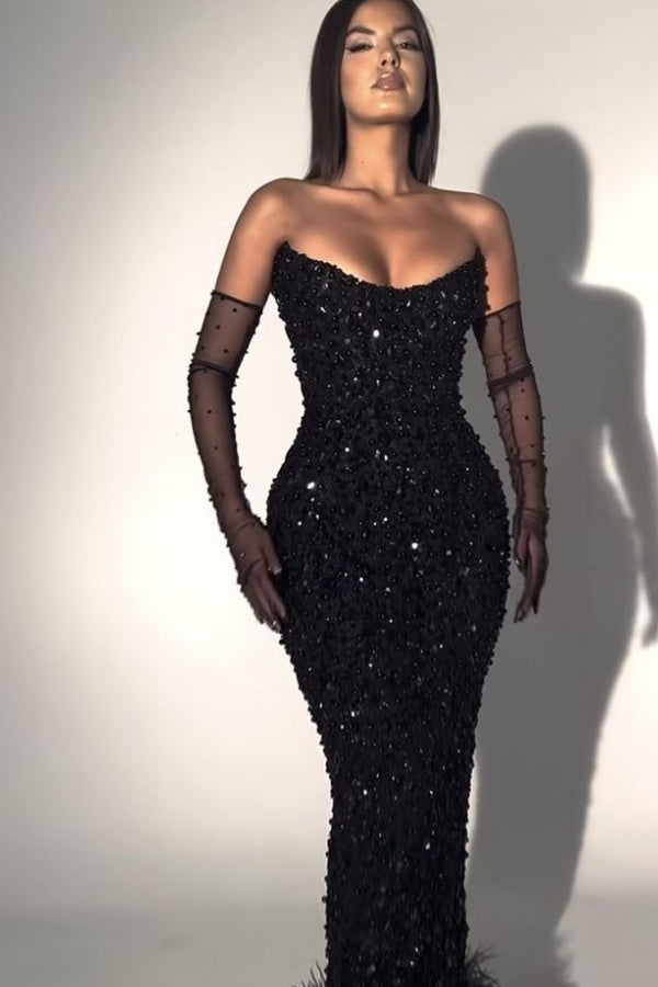 Showprettydess Black Strapless Long Prom Dress Sleeveless with Sequins-showprettydress