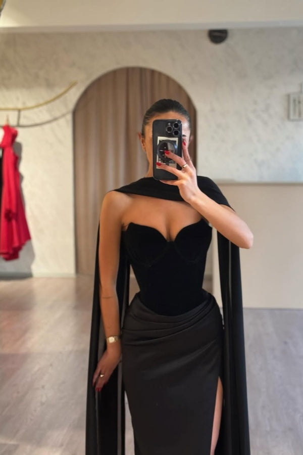 Showprettydess Black Strapless Long Prom Dress Sleeveless with Split-showprettydress