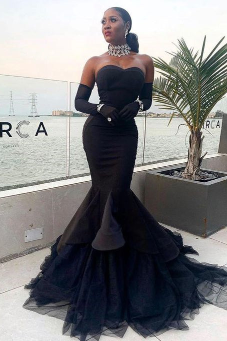 Showprettydess Black Strapless Tulle Mermaid Prom Dress with Waist-Skimming & Gloves-showprettydress
