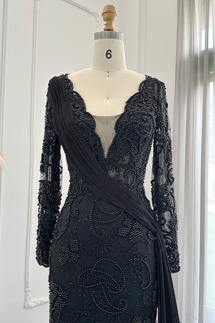 Showprettydess Black V-Neck Mermaid Prom Dress with Long Sleeves, Appliques & Ruffles-showprettydress