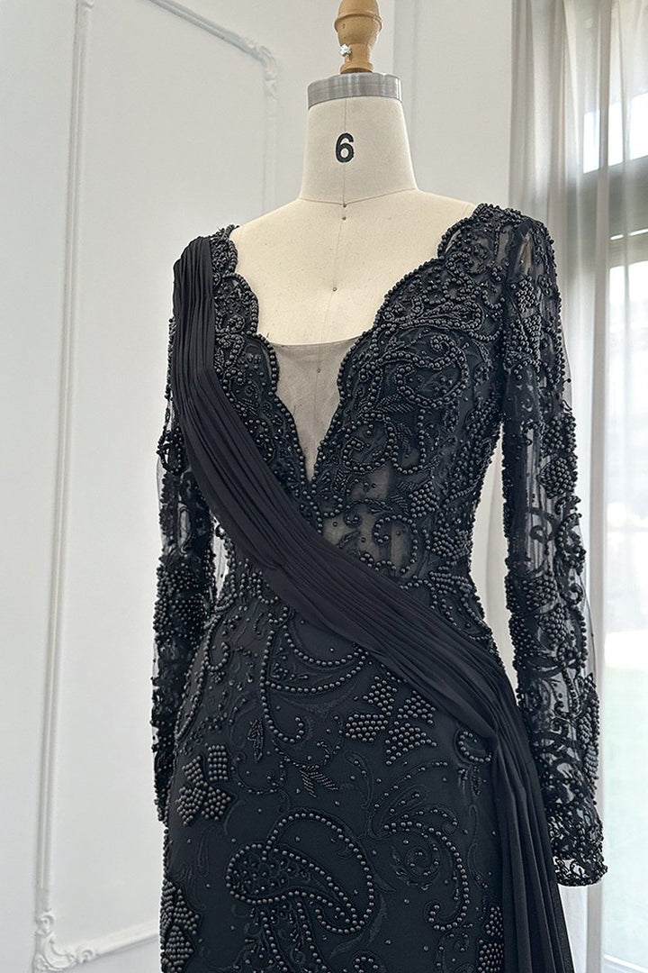 Showprettydess Black V-Neck Mermaid Prom Dress with Long Sleeves, Appliques & Ruffles-showprettydress