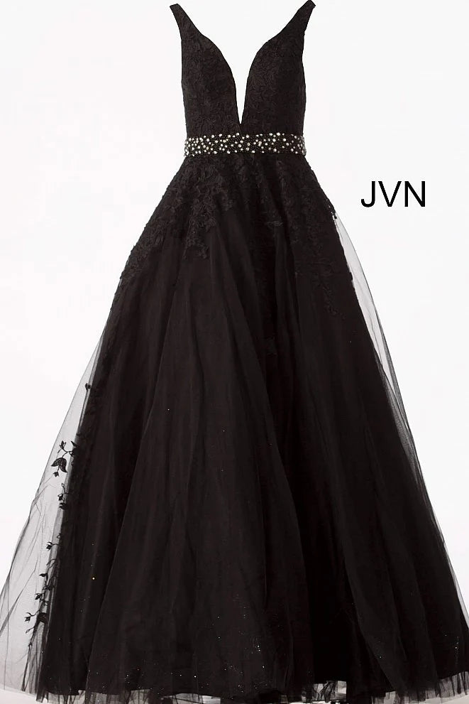 Showprettydess Black V-Neck Sleeveless Prom Dress with Appliqué Beadings-showprettydress