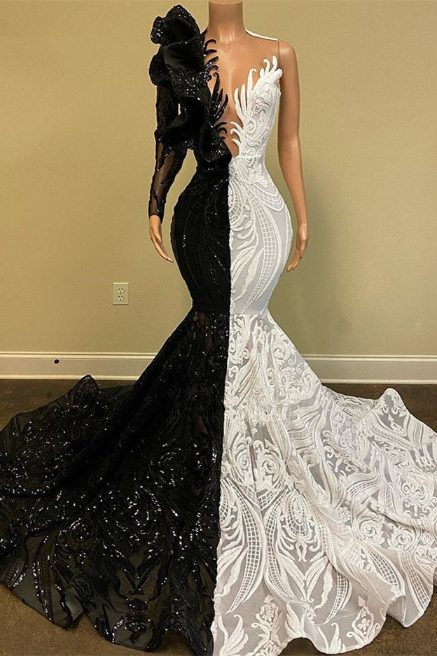 Showprettydess Black & White Lace Long Sleeves Mermaid Prom Dress with Sequins-showprettydress