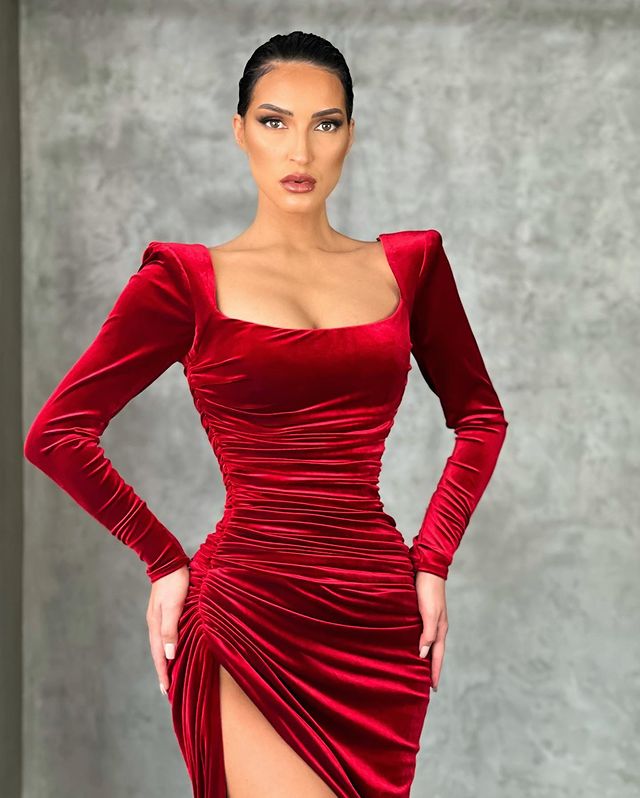 Showprettydess Burgundy Mermaid Long Sleeves Evening Dress-showprettydress