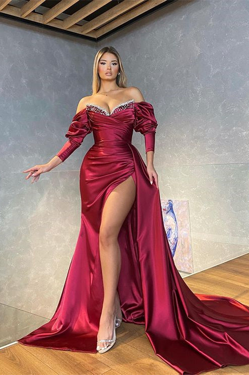 Showprettydess Burgundy Mermaid Long Sleeves Prom Dress with Slit-showprettydress