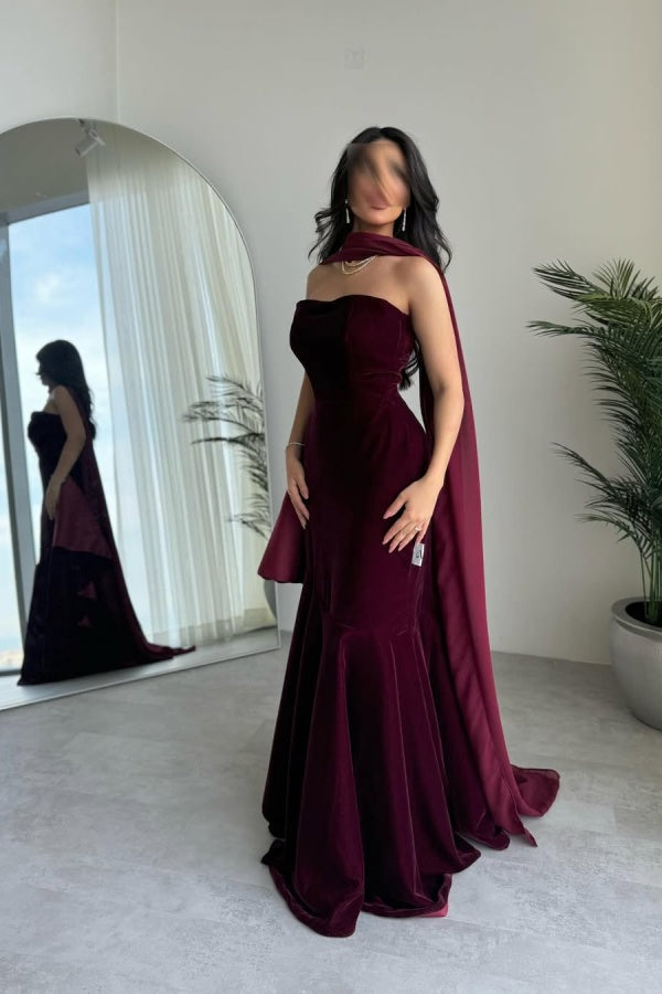 Showprettydess Burgundy Strapless Velvet Long Prom Dress Sleeveless-showprettydress