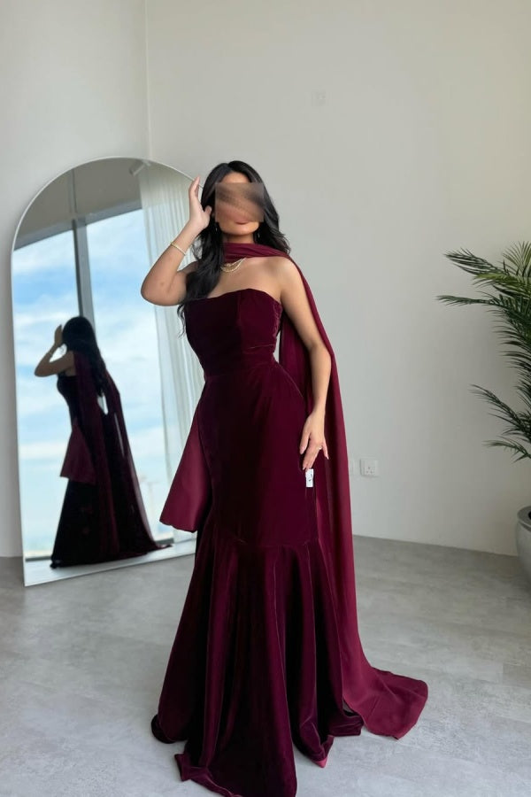 Showprettydess Burgundy Strapless Velvet Long Prom Dress Sleeveless-showprettydress