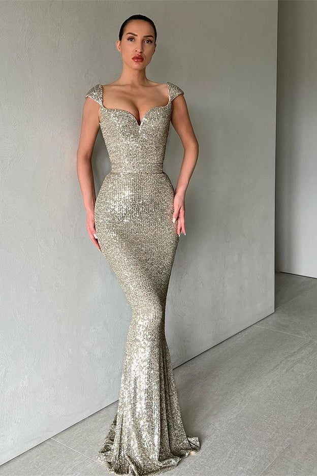 Showprettydess Cap Sleeves Long Mermaid Sequined Prom Dress-showprettydress