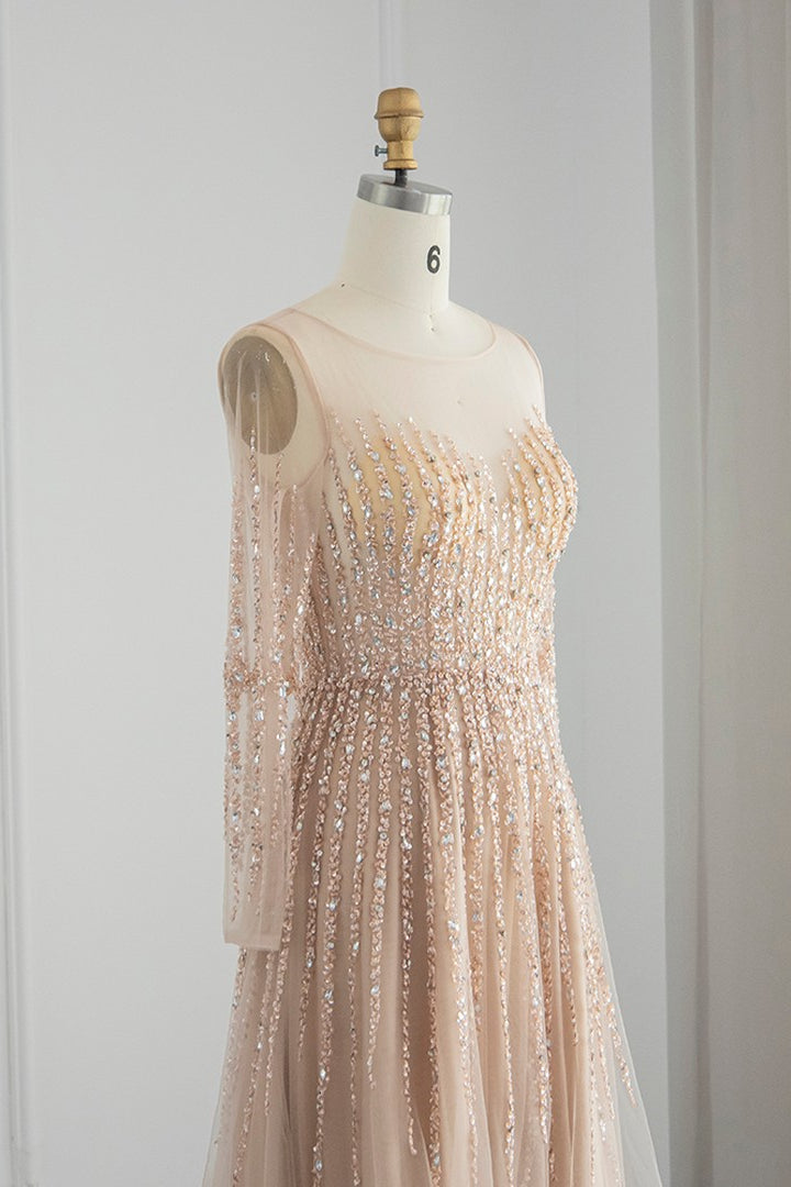 Showprettydess Champagne Jewel Neck A-Line Prom Dress with Long Sleeves, Tulle & Appliques-showprettydress