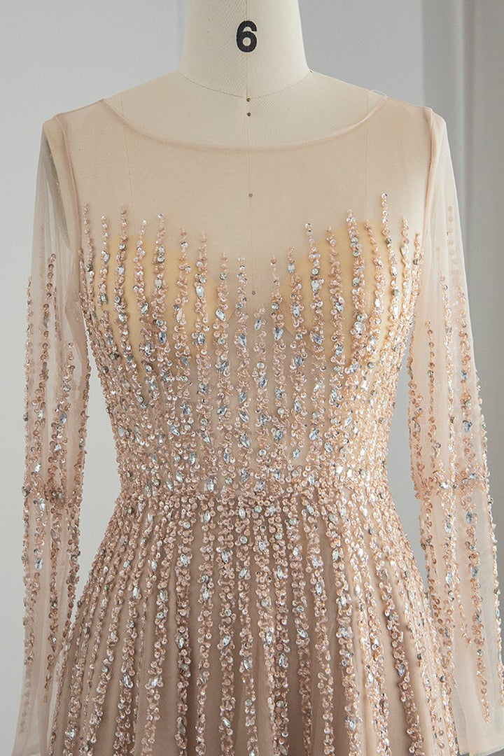 Showprettydess Champagne Jewel Neck A-Line Prom Dress with Long Sleeves, Tulle & Appliques-showprettydress