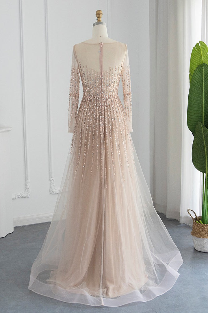 Showprettydess Champagne Jewel Neck A-Line Prom Dress with Long Sleeves, Tulle & Appliques-showprettydress
