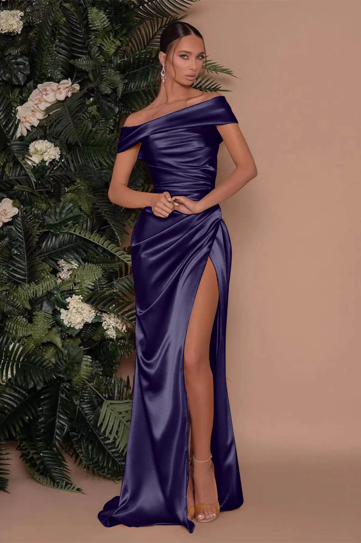 Showprettydess Champagne Off-the-Shoulder Prom Dress with Charmeuse Split Mermaid-showprettydress