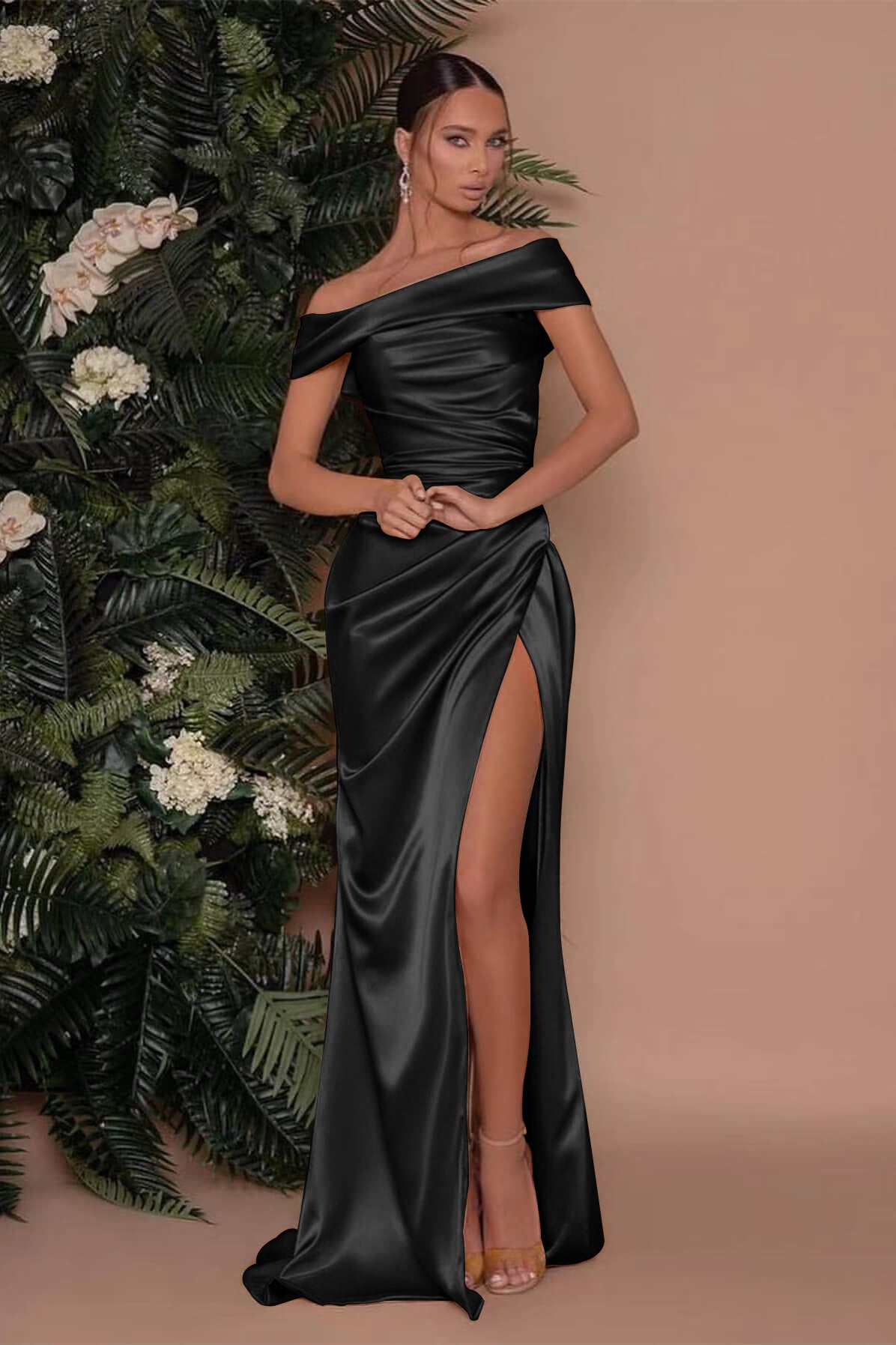 Showprettydess Champagne Off-the-Shoulder Prom Dress with Charmeuse Split Mermaid-showprettydress
