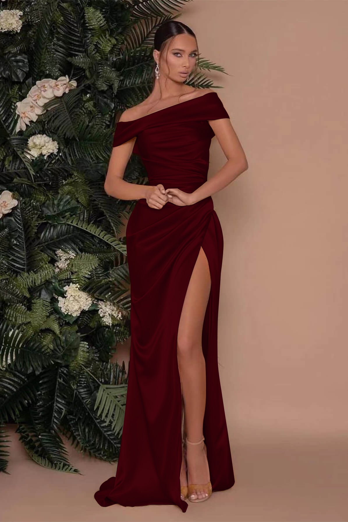 Showprettydess Champagne Off-the-Shoulder Prom Dress with Charmeuse Split Mermaid-showprettydress