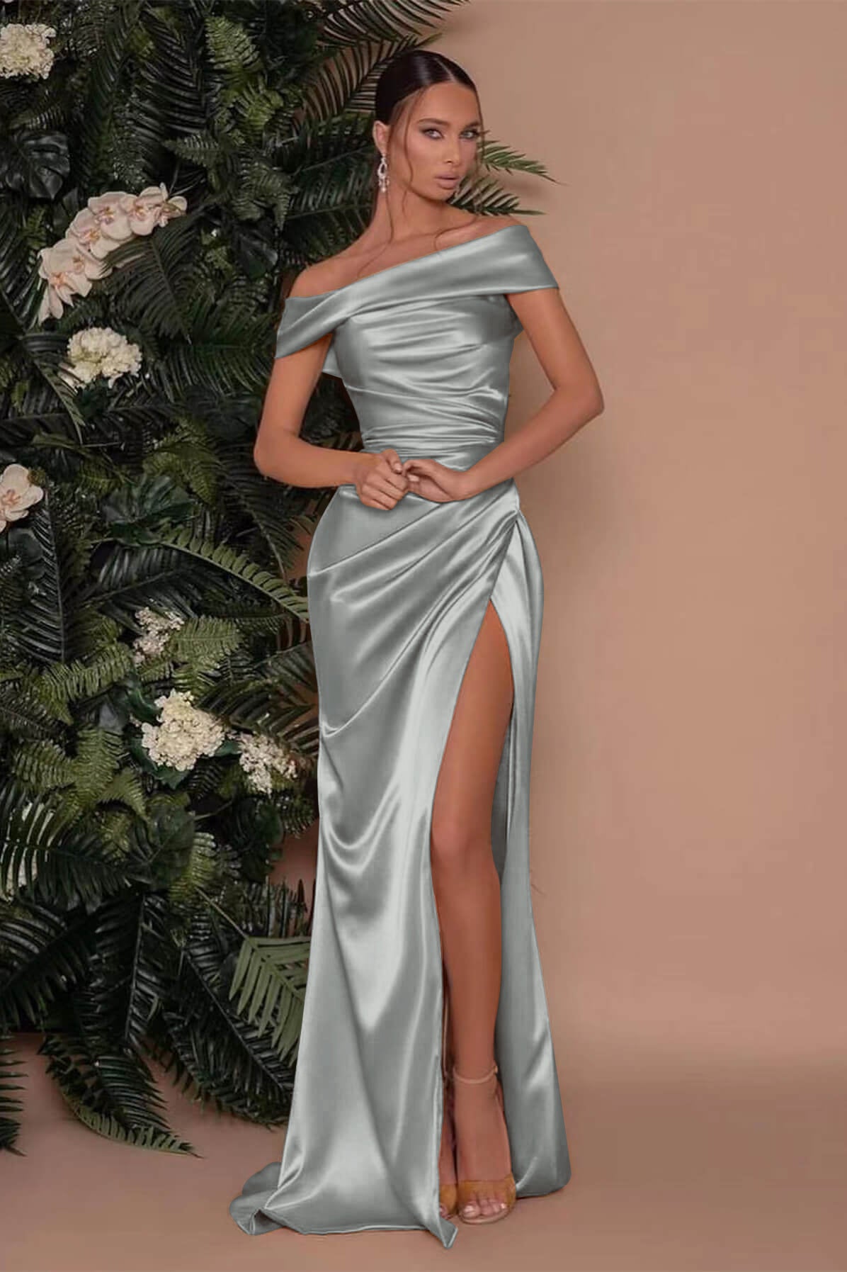 Showprettydess Champagne Off-the-Shoulder Prom Dress with Charmeuse Split Mermaid-showprettydress