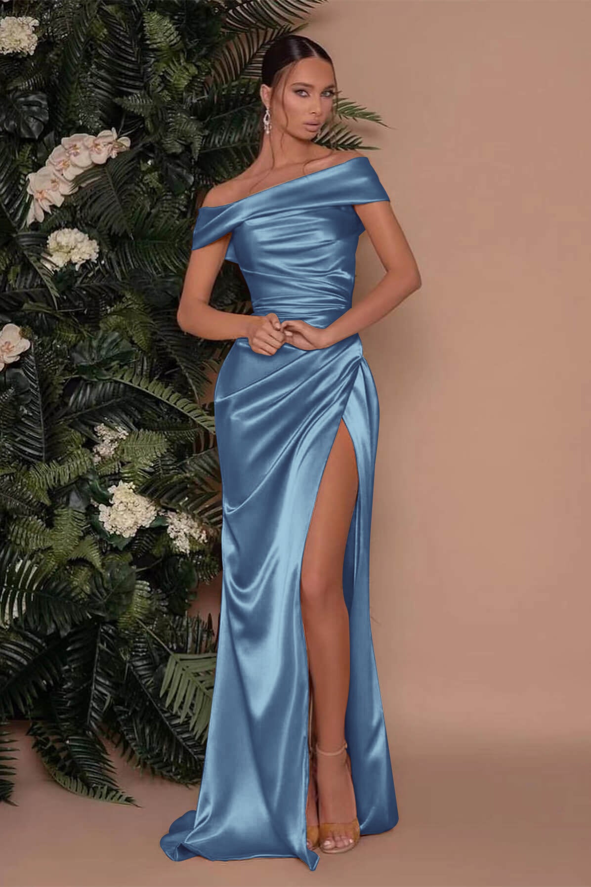 Showprettydess Champagne Off-the-Shoulder Prom Dress with Charmeuse Split Mermaid-showprettydress