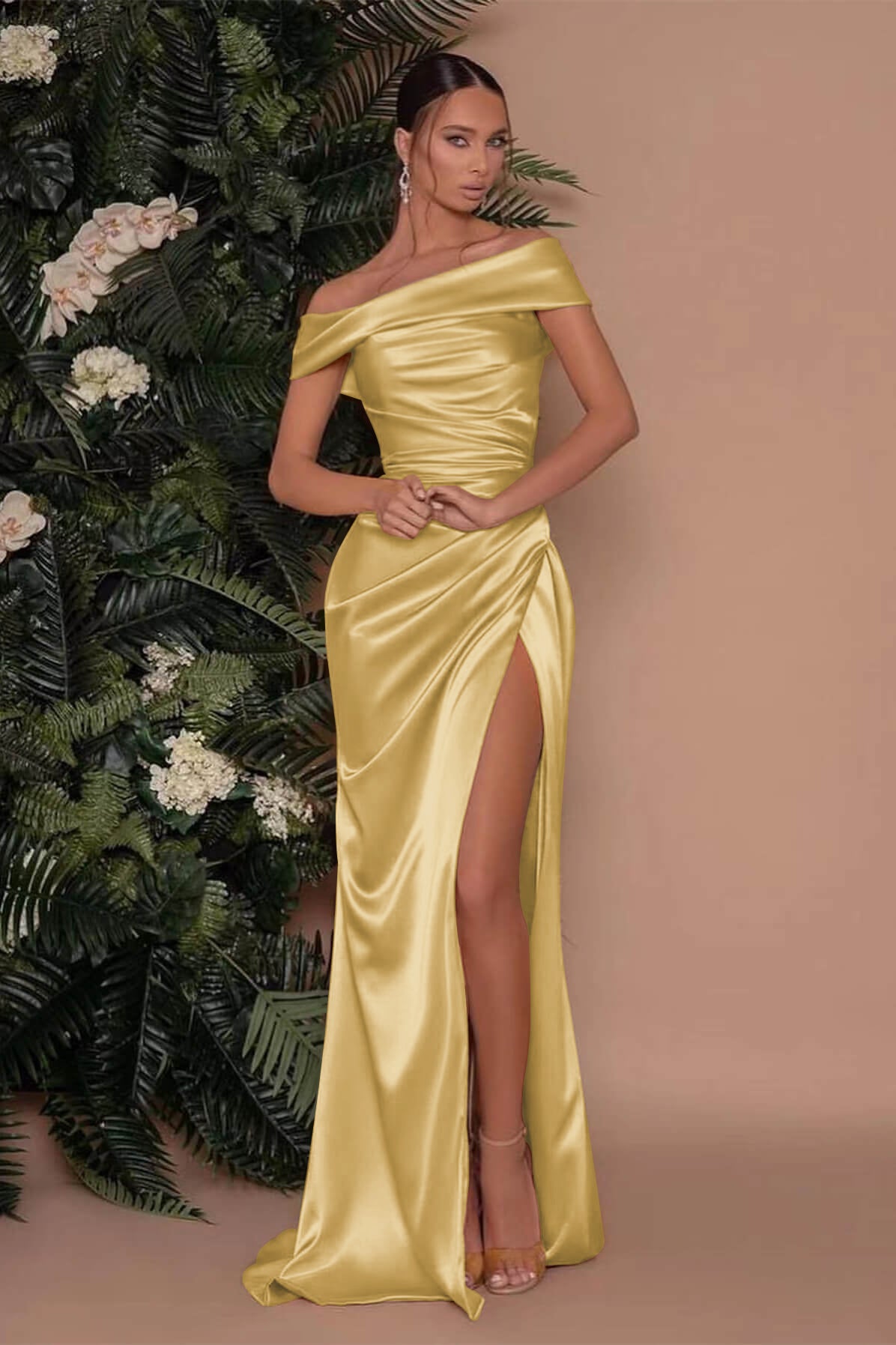 Showprettydess Champagne Off-the-Shoulder Prom Dress with Charmeuse Split Mermaid-showprettydress