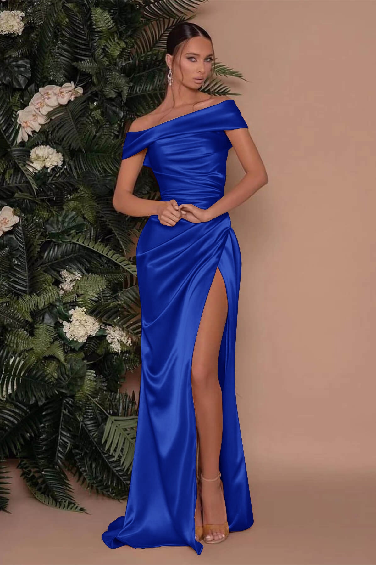 Showprettydess Champagne Off-the-Shoulder Prom Dress with Charmeuse Split Mermaid-showprettydress