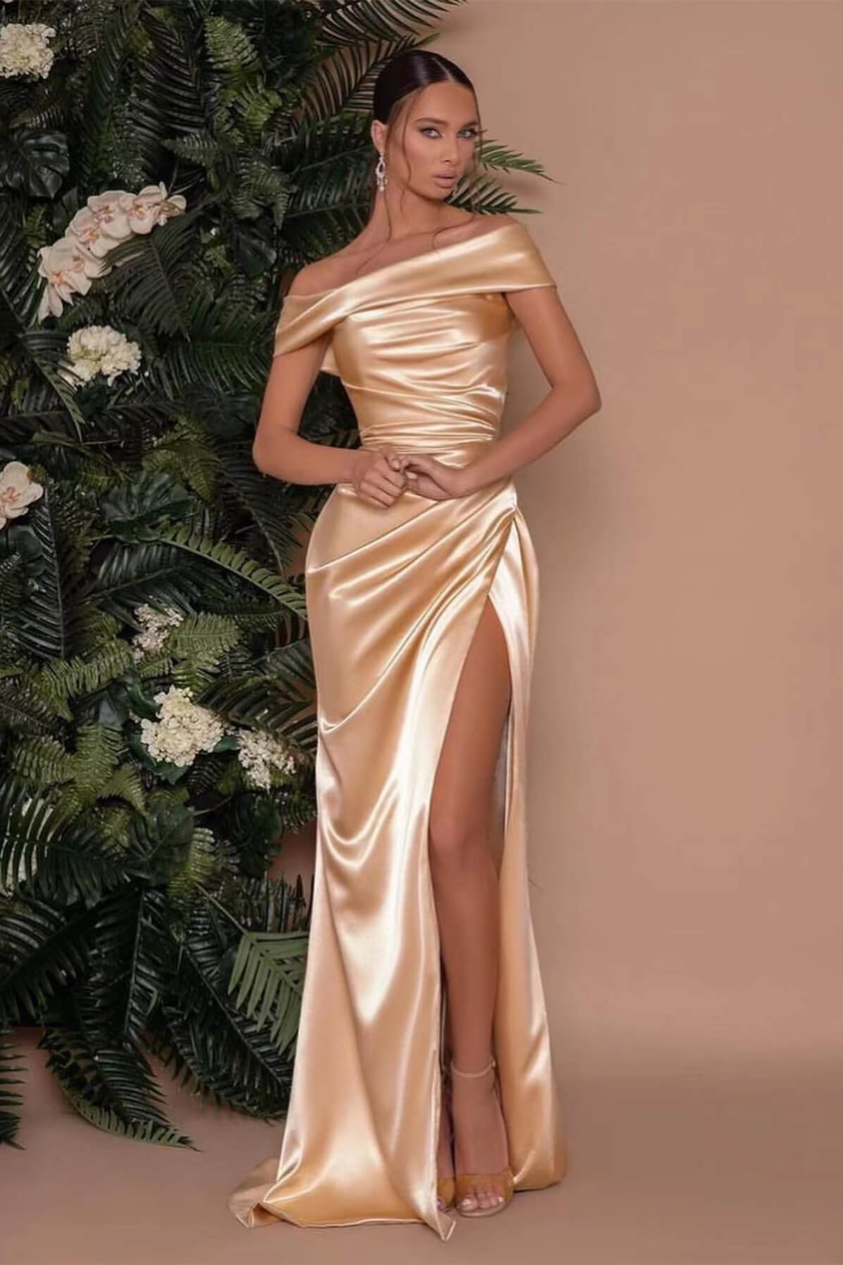 Showprettydess Champagne Off-the-Shoulder Prom Dress with Charmeuse Split Mermaid-showprettydress
