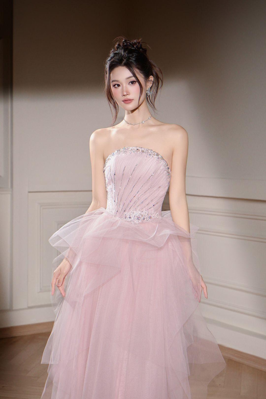 Showprettydess Charming Blushing Pink Tulle Sleeveless Strapless Ruffled Prom Dress with Sequins-showprettydress