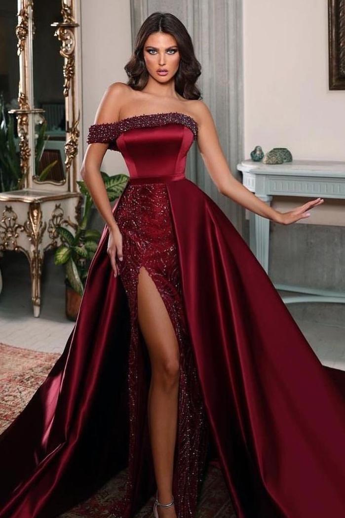 Showprettydess Charming Burgundy Satin One-Shoulder Sleeveless Split Long Prom Dress with Beadings-showprettydress