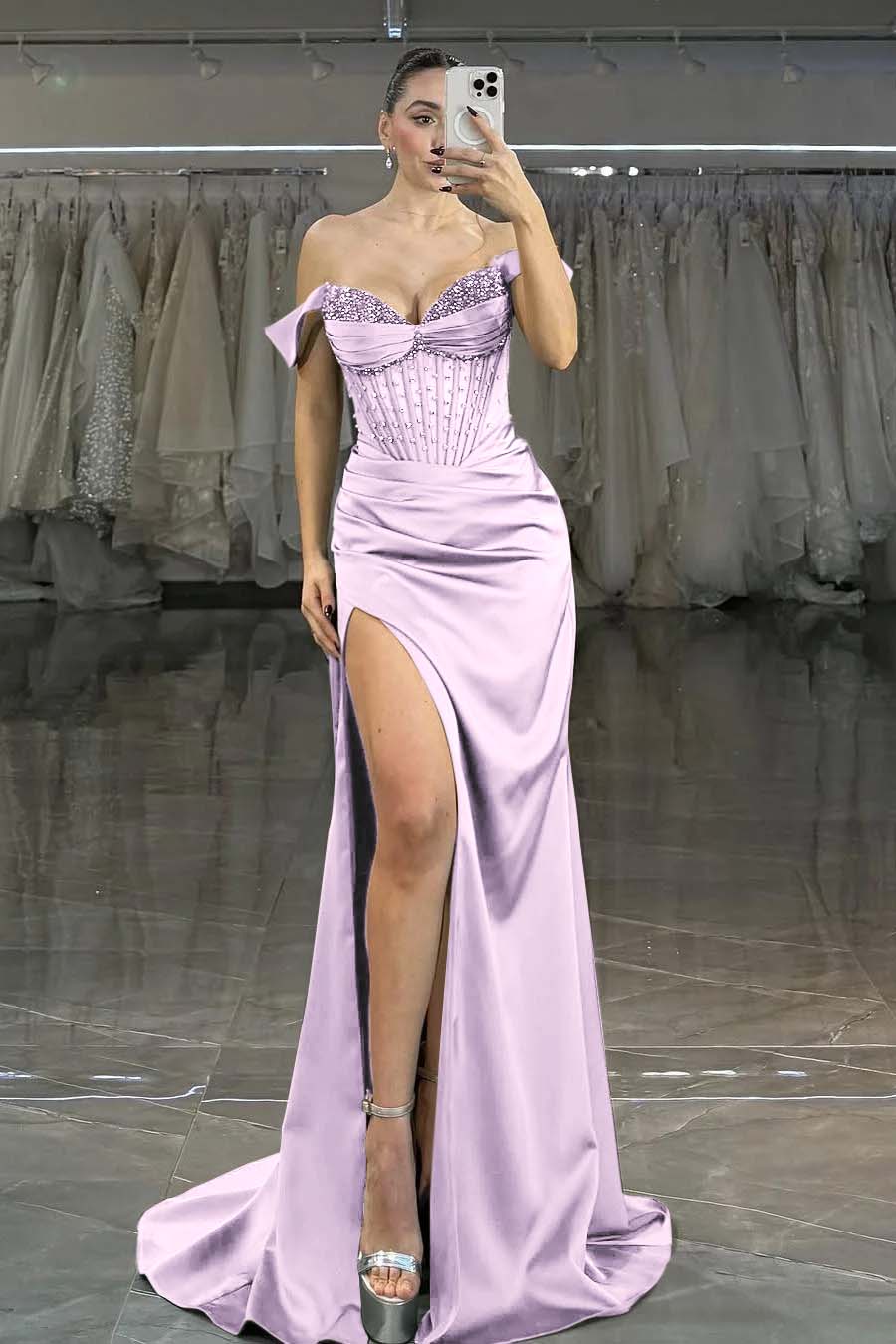 Showprettydess Charming Dark Green Satin Off-the-Shoulder Strapless Long Prom Dress with Beadings-showprettydress