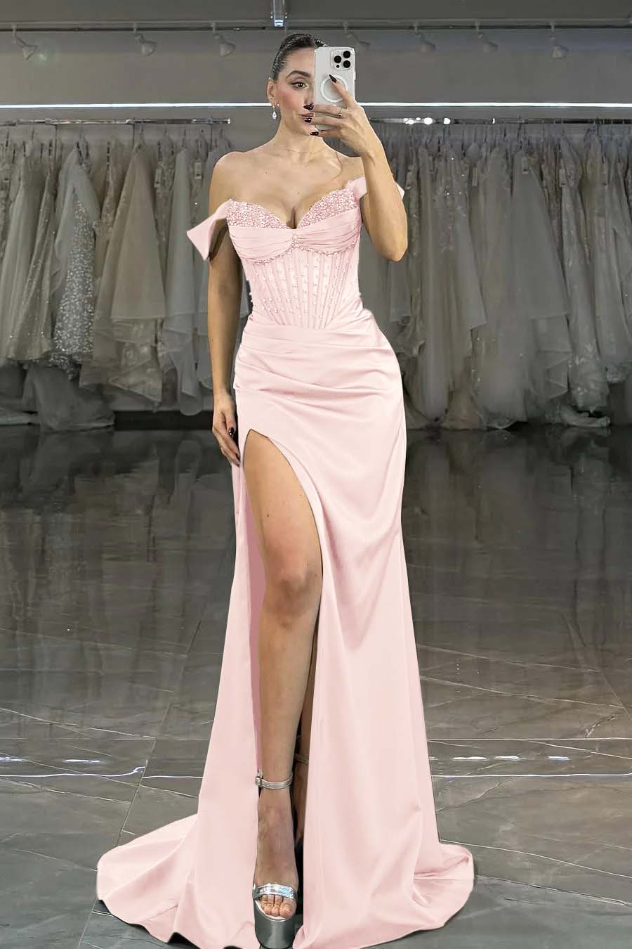 Showprettydess Charming Dark Green Satin Off-the-Shoulder Strapless Long Prom Dress with Beadings-showprettydress