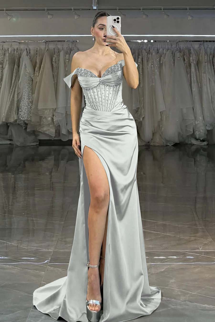 Showprettydess Charming Dark Green Satin Off-the-Shoulder Strapless Long Prom Dress with Beadings-showprettydress