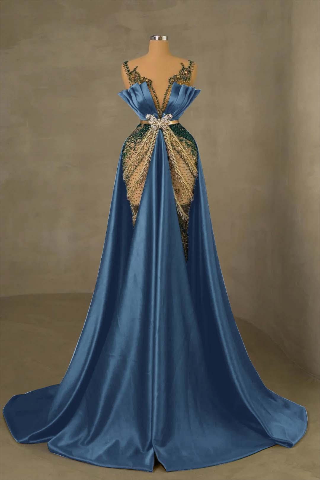 Showprettydess Charming Dark Green Satin Spaghetti Strap Pleated Mermaid Prom Dress with Beadings-showprettydress