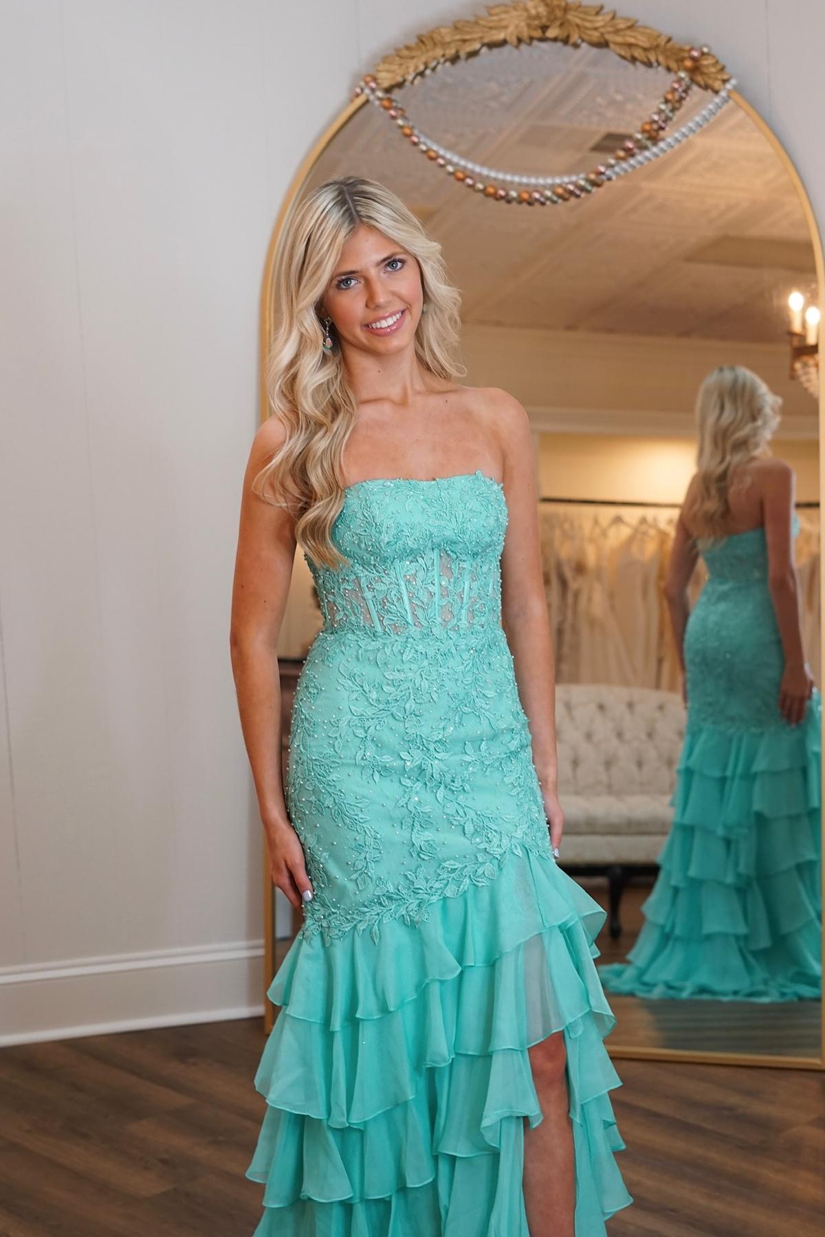 Showprettydess Charming Green Chiffon Strapless Sleeveless Applique Prom Dress with Ruffles-showprettydress
