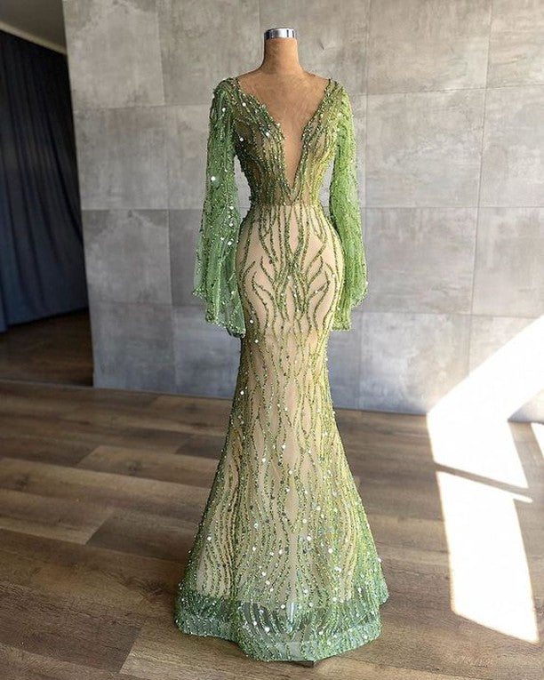 Showprettydess Charming Green Mermaid Beaded Prom Dress with Long Sleeves & Sequins-showprettydress