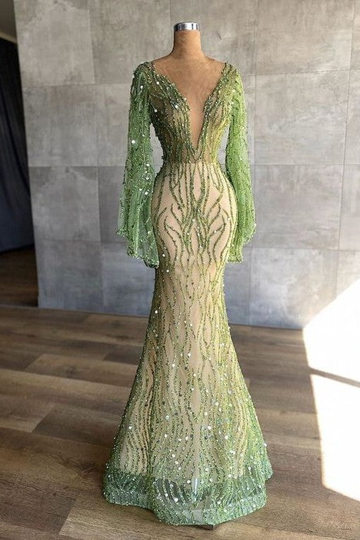 Showprettydess Charming Green Mermaid Beaded Prom Dress with Long Sleeves & Sequins-showprettydress