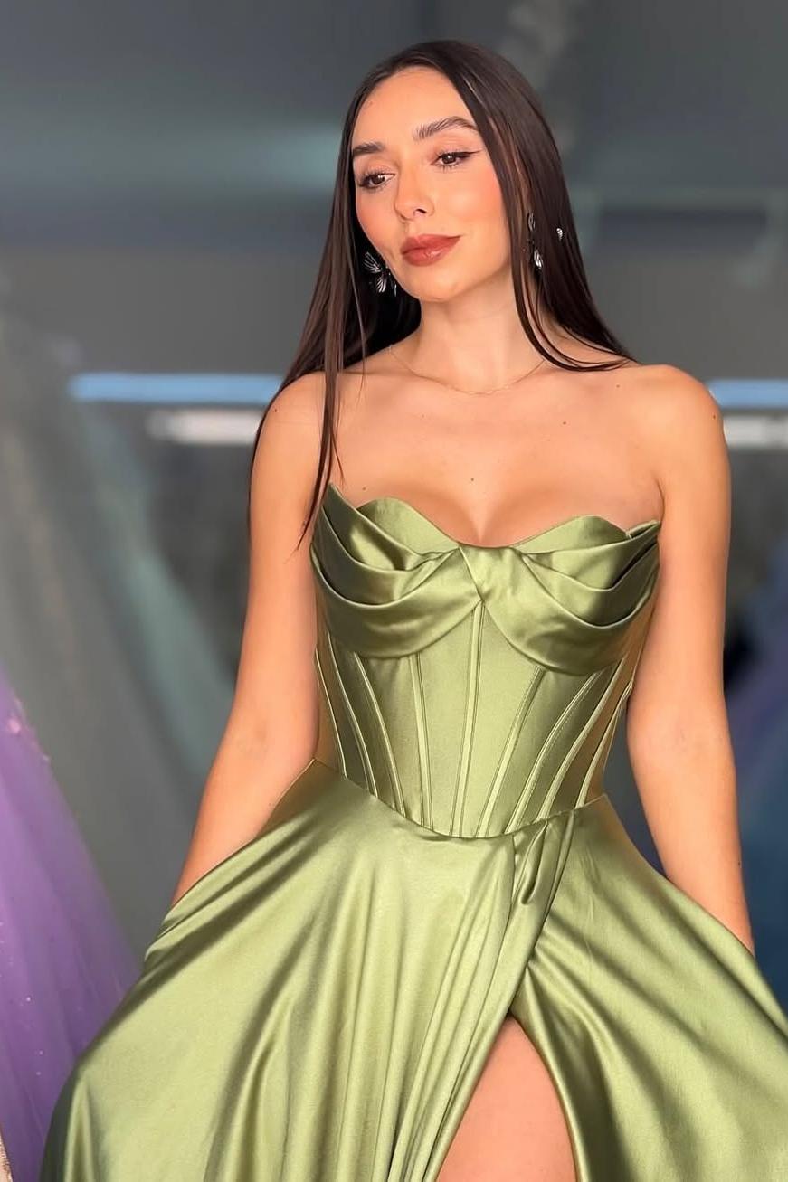 Showprettydess Charming Sage Satin Sleeveless Strapless Sweetheart Long Split Prom Dress with Pleats-showprettydress