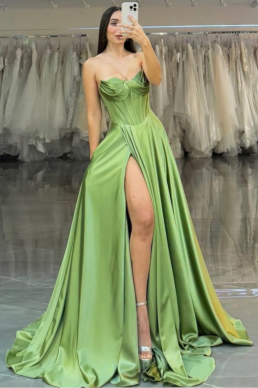 Showprettydess Charming Sage Satin Sleeveless Strapless Sweetheart Long Split Prom Dress with Pleats-showprettydress