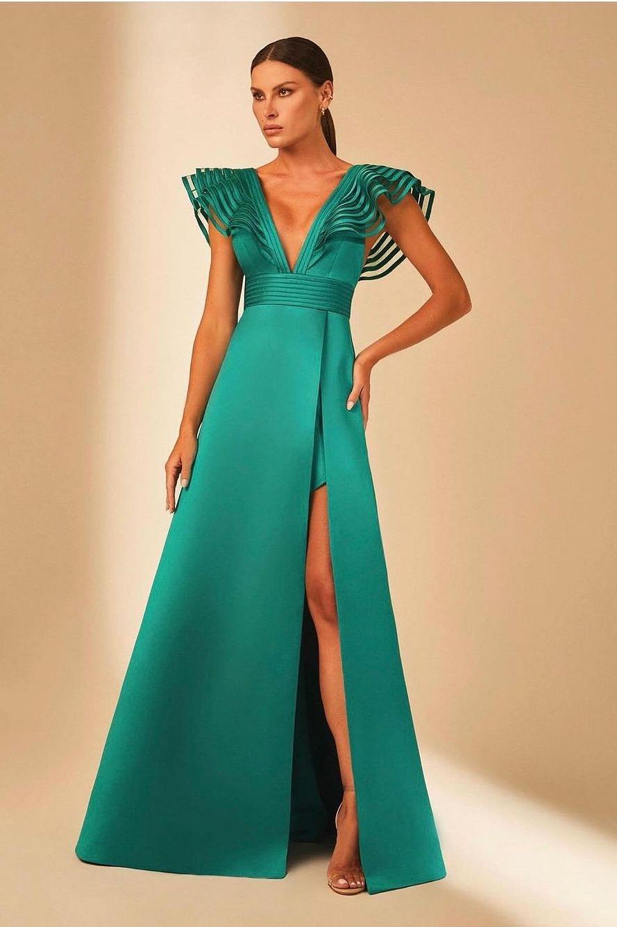 Showprettydess Charming Satin Spaghetti Strap Sleeveless V-Neck Long Prom Dress with Split-showprettydress