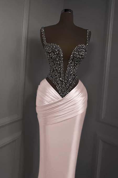 Showprettydess Charming White Satin Spaghetti Strap Sleeveless Pleated Prom Dress with Beadings-showprettydress