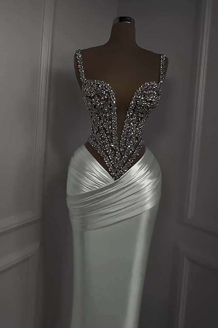 Showprettydess Charming White Satin Spaghetti Strap Sleeveless Pleated Prom Dress with Beadings-showprettydress