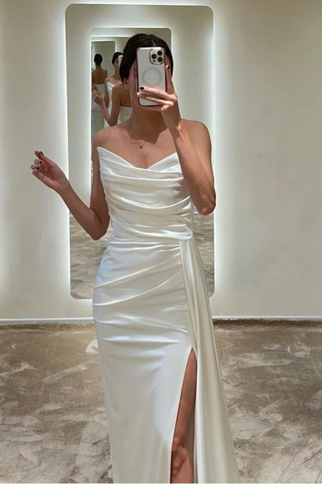 Showprettydess Charming White Satin Strapless Sleeveless Long Pleated Prom Dress with Split-showprettydress